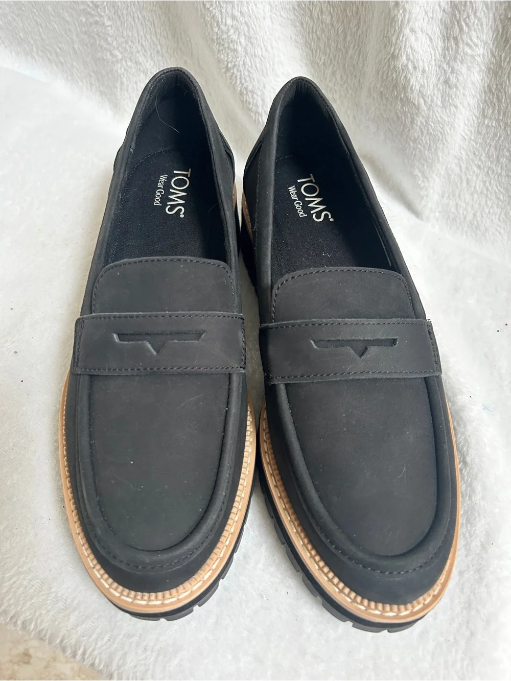 TOMS Black Loafers with Tan Trim - Men's Slip-On Penny Style